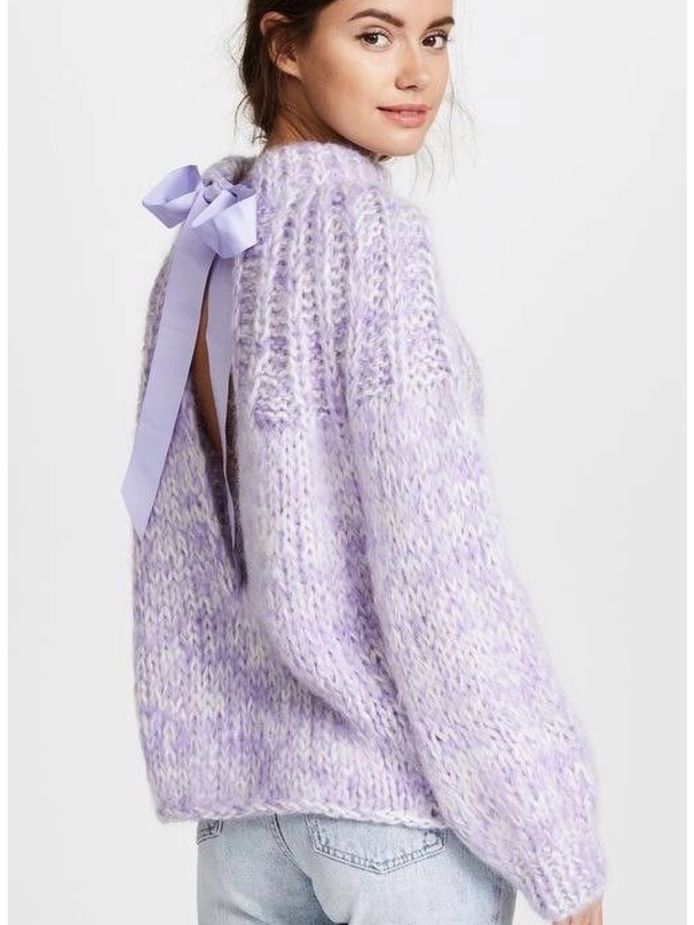 GANNI Julliard Mohair Wool Oversized Open Back Bow Sweater Lilac Size S